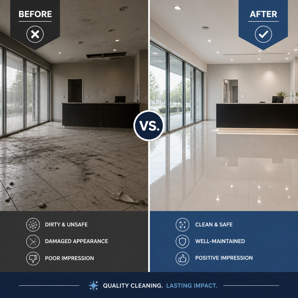 Visual comparison of poor versus professional commercial cleaning standards