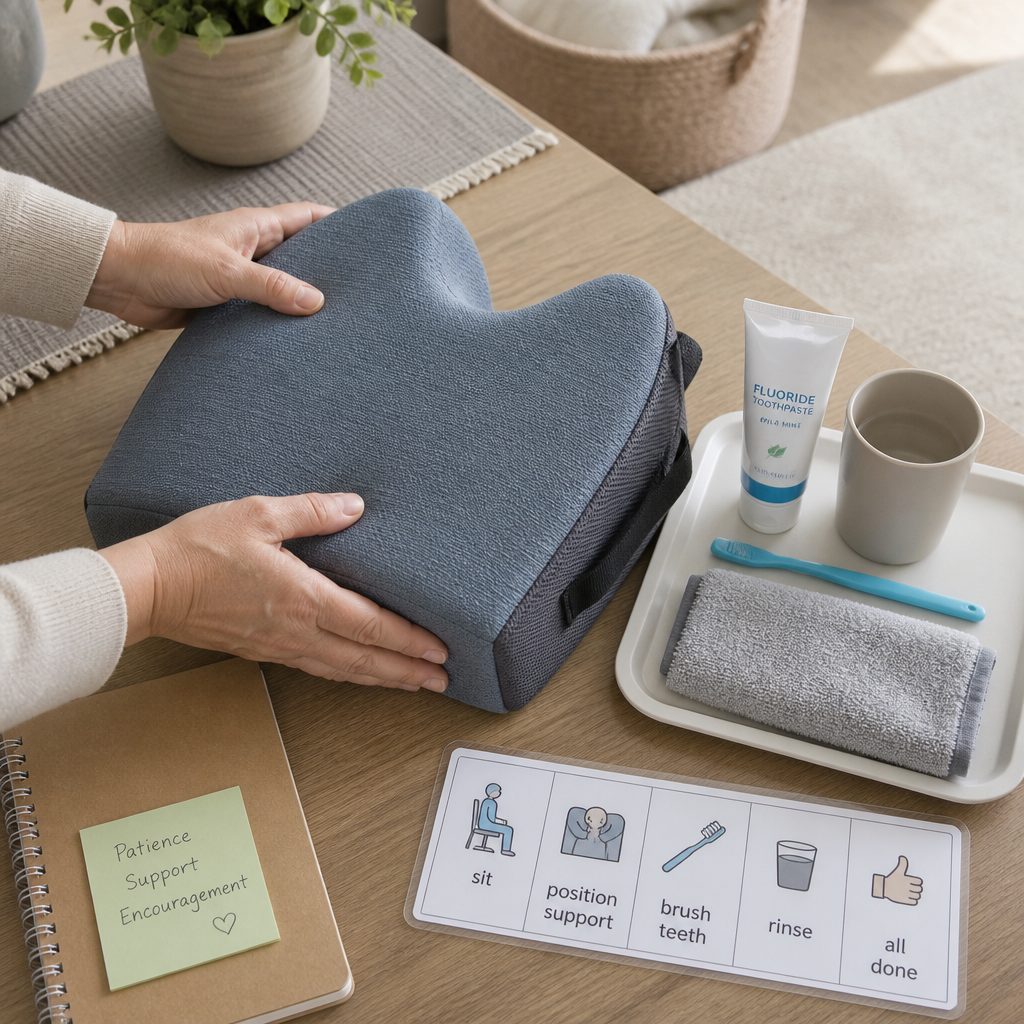 Overhead view of caregiver preparing adapted positioning support for oral care routine
