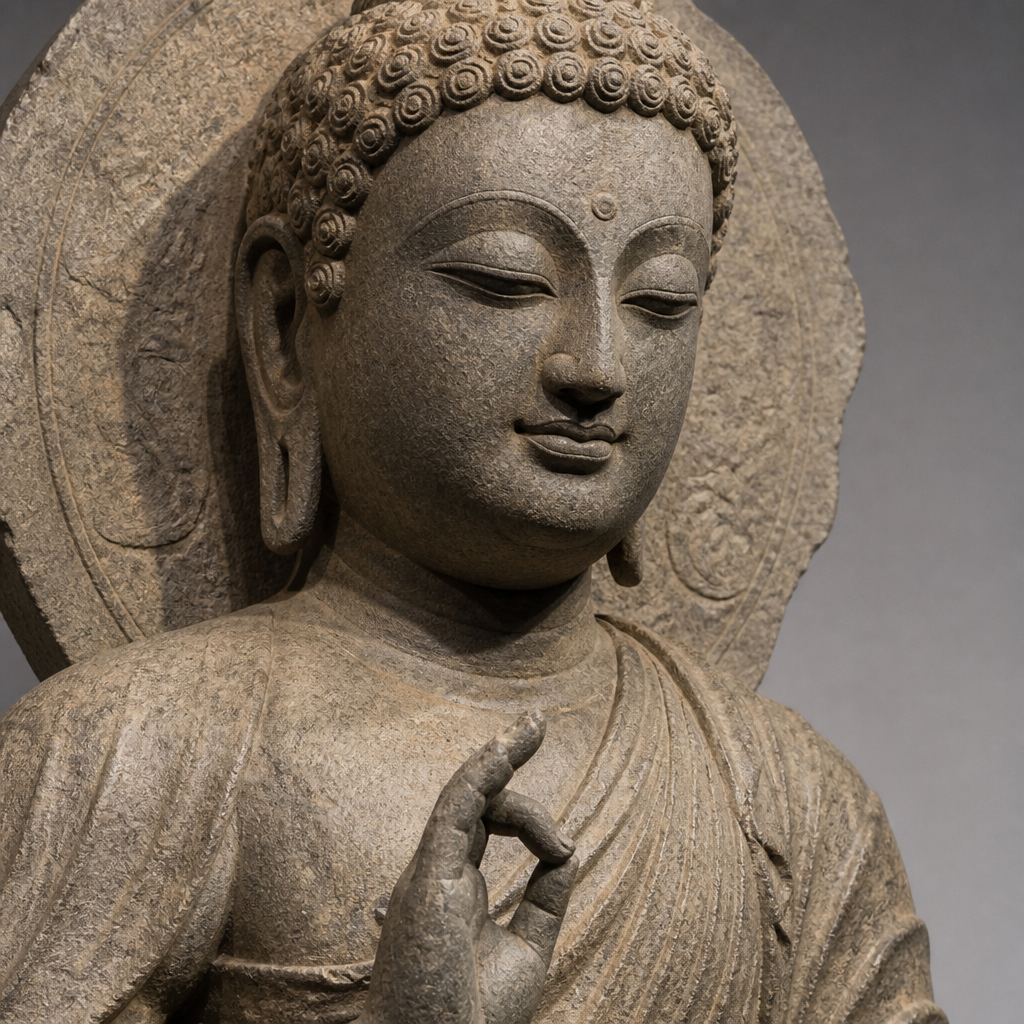 Detailed close-up of a finely carved Buddha statue showing intricate craftsmanship and precision details