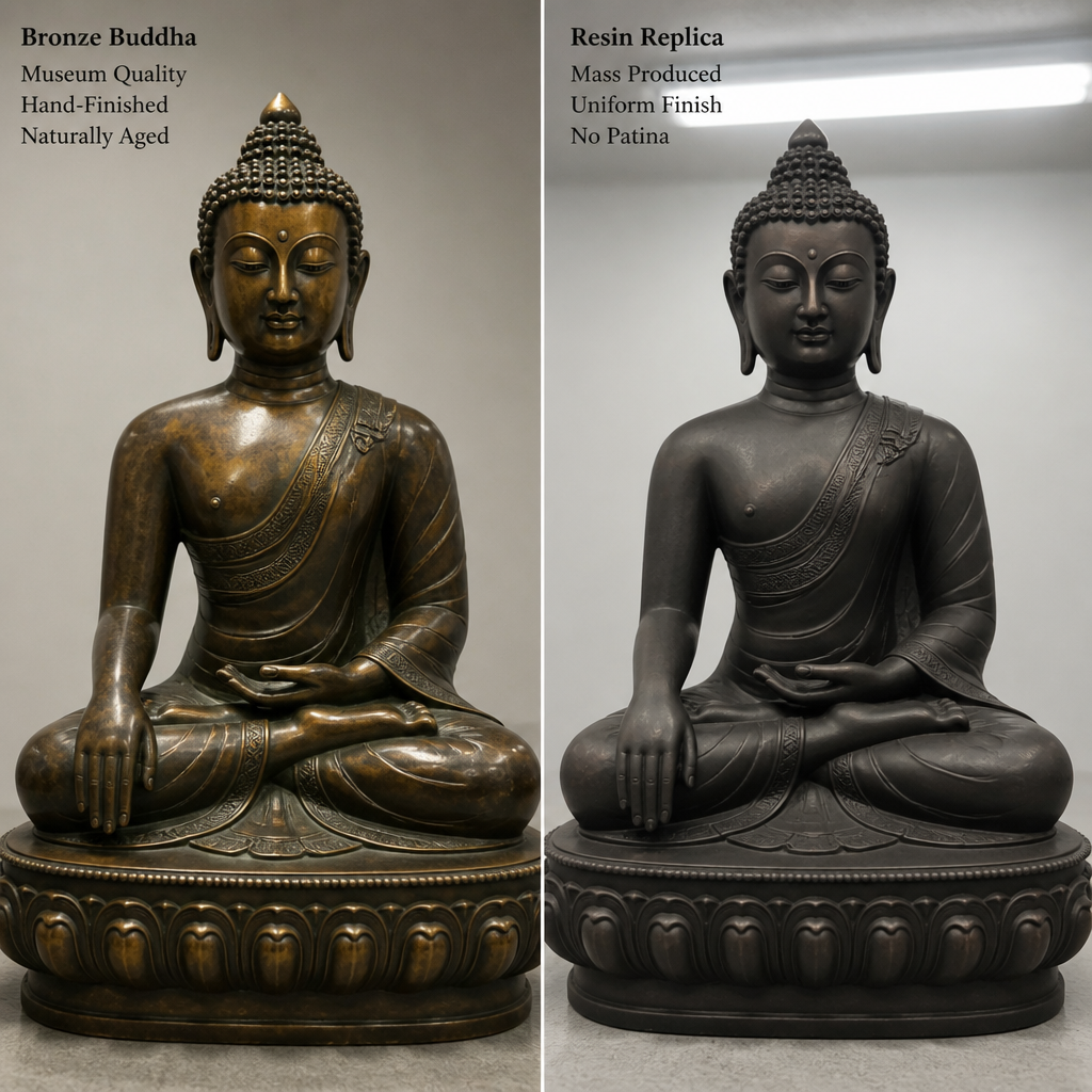 Side-by-side comparison of museum-quality versus mass-produced Buddha statues highlighting differences in finish and presence