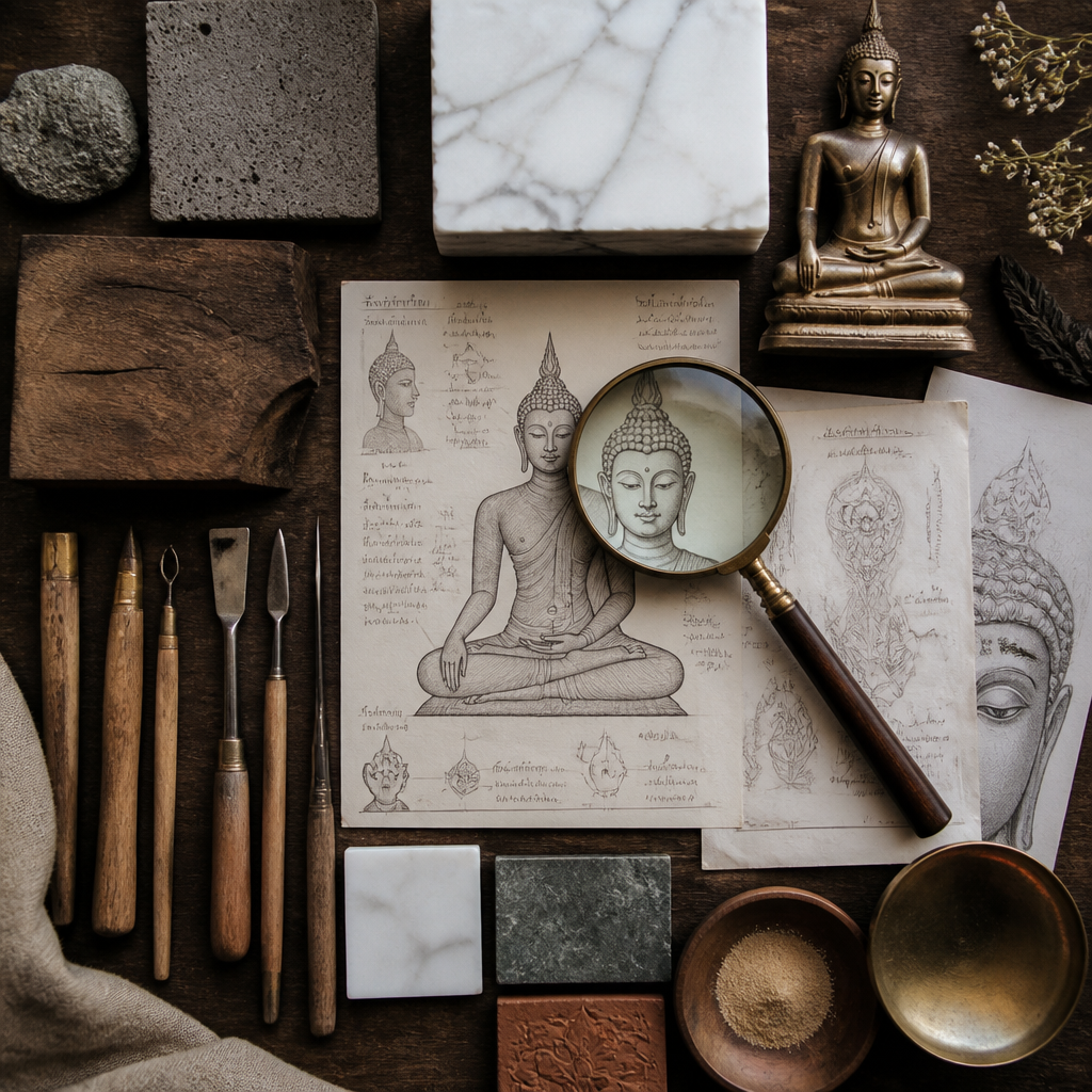 Flat-lay arrangement of materials and tools used in museum-quality Buddha statue creation including stone, bronze, and sculpting instruments