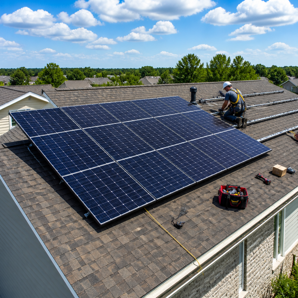 Solar panels installed on residential roof with construction tools and equipment