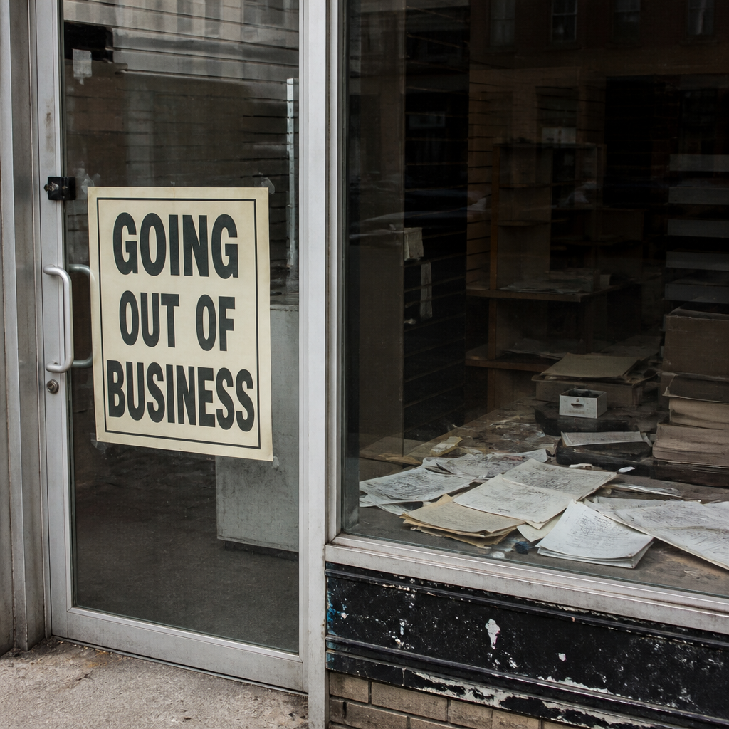 Abandoned business storefront with closed sign and empty interior