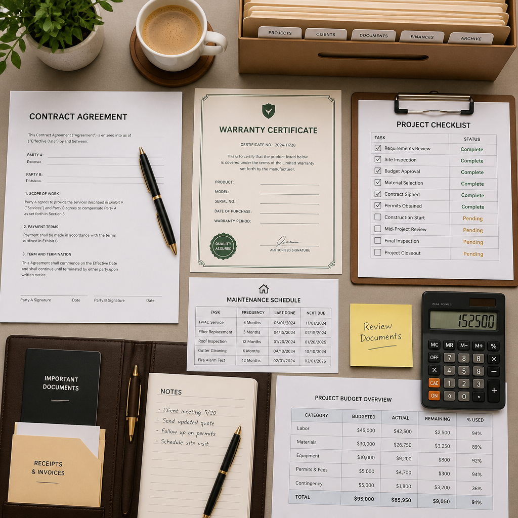 Organized paperwork, contracts, and warranty documents with checklist on desk