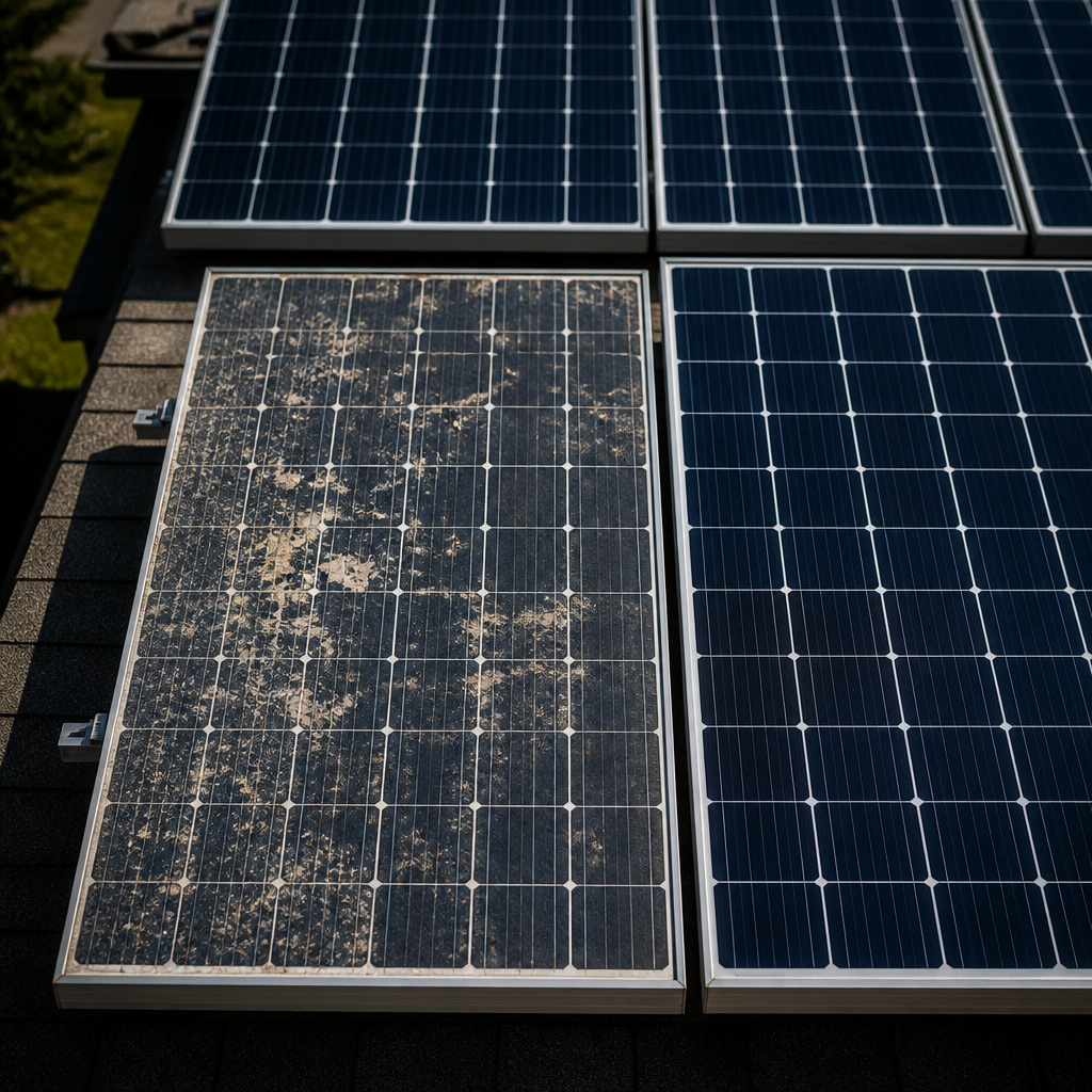 Close-up of aged solar panels on a roof showing wear and discoloration patterns