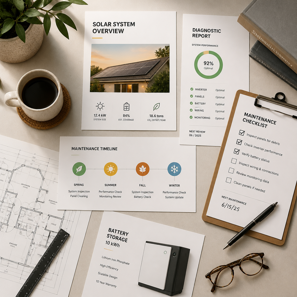 Flat lay of solar system documents, inspection reports, and planning materials on a workspace