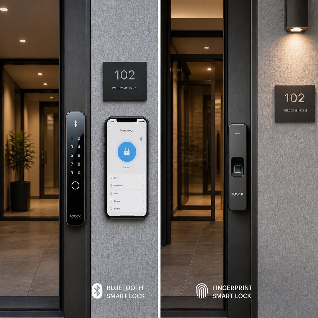 Side-by-side comparison of Bluetooth and fingerprint smart lock installations on apartment building entrance