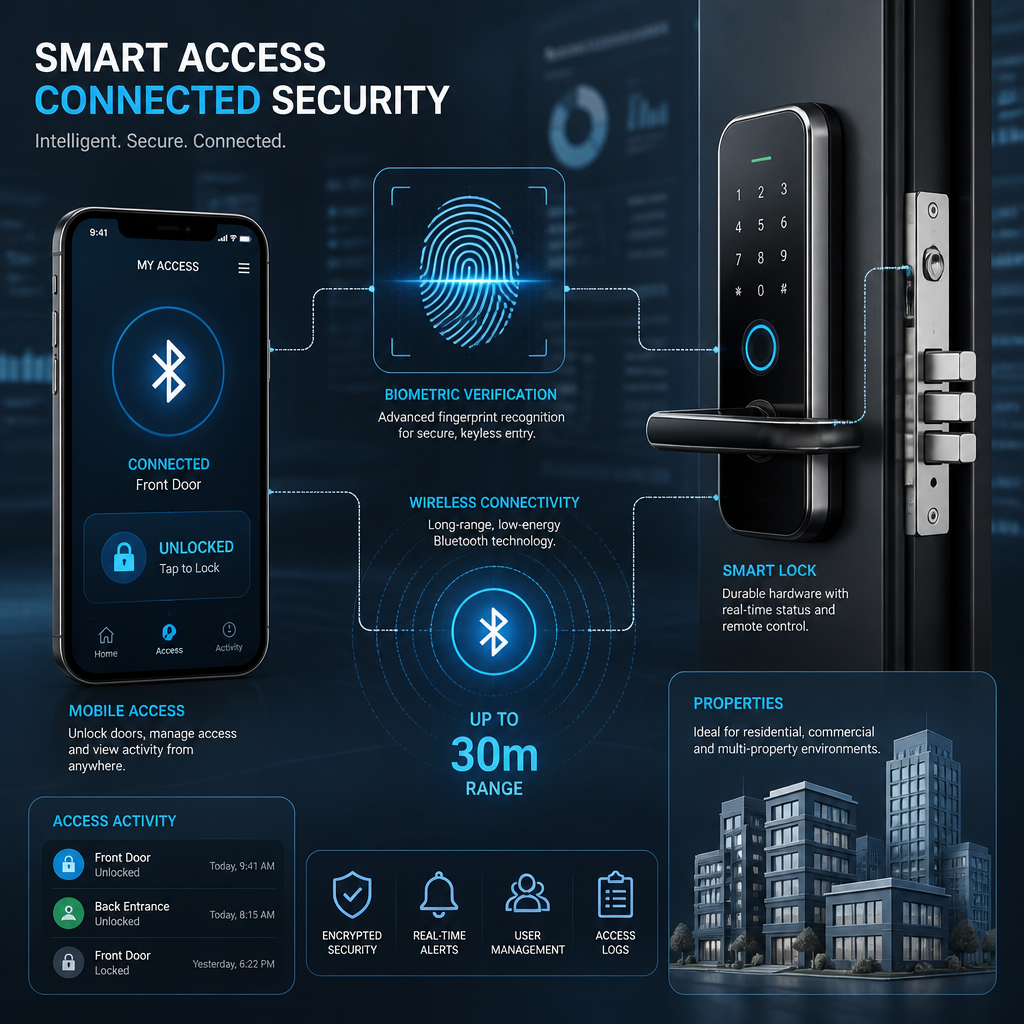 Abstract technology visualization comparing smart lock systems with icons and data metrics