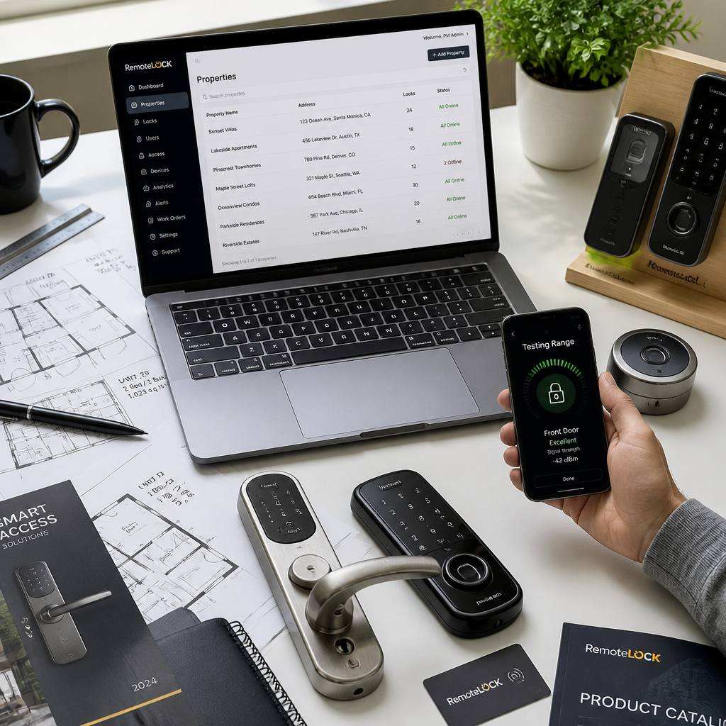 Property manager workspace with smart lock technology samples and management systems displayed