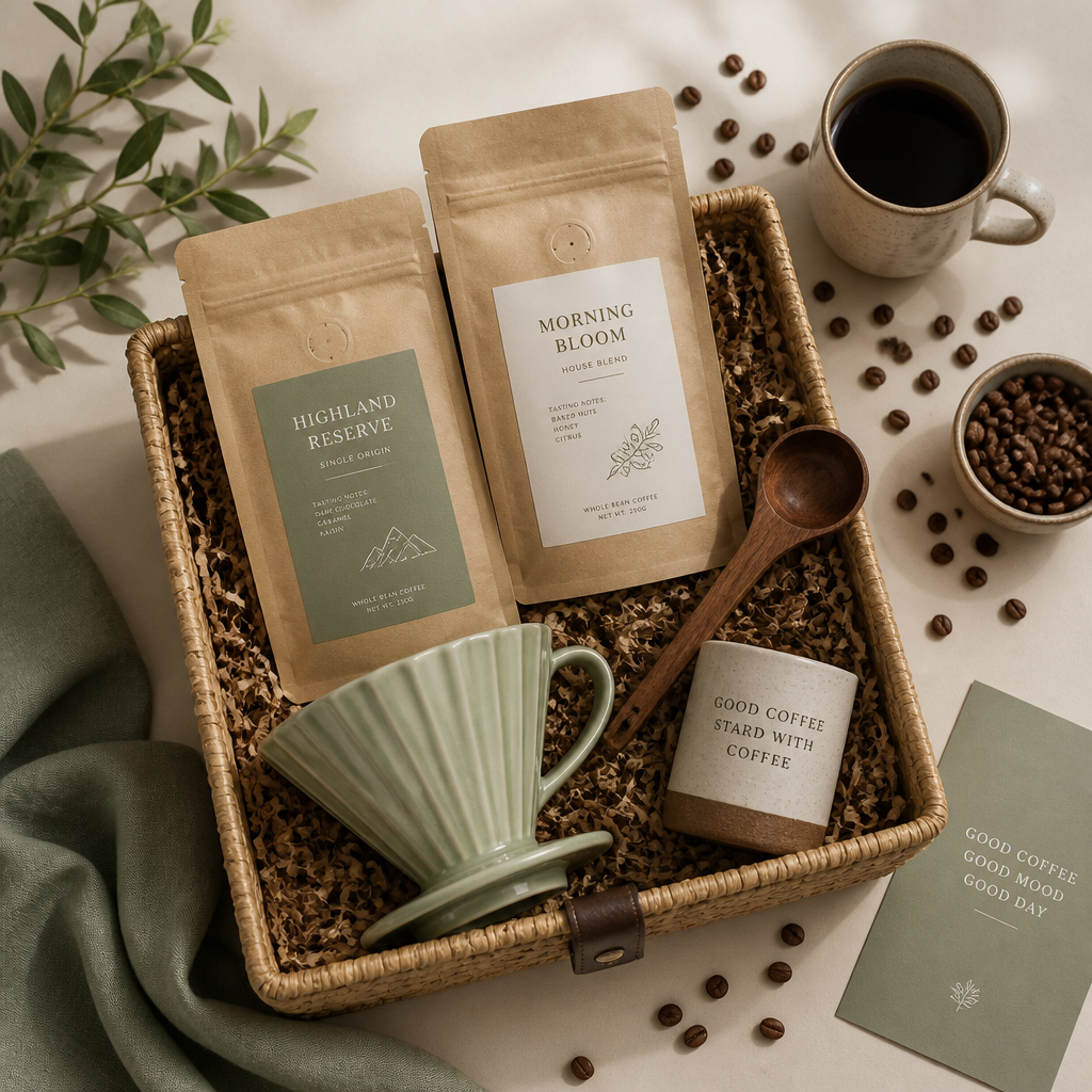 Top-down view of a curated coffee gift hamper with craft bags, dripper, and accessories on neutral background
