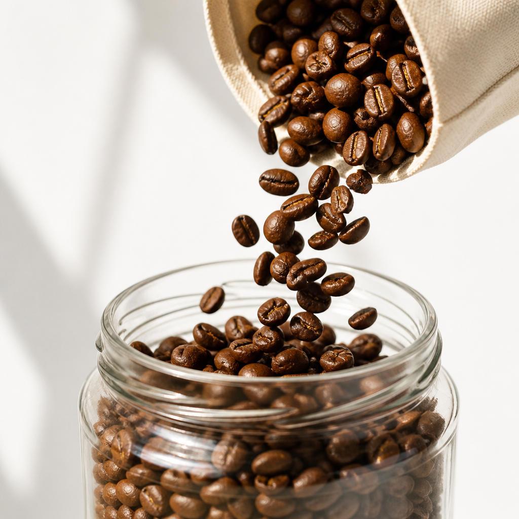 Freshly roasted coffee beans pouring into a glass jar, highlighting quality and freshness