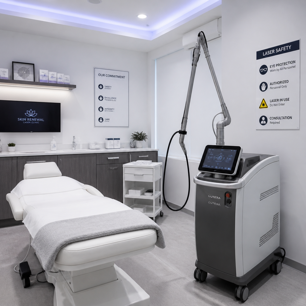 Professional laser clinic treatment room with advanced equipment and clinical setting
