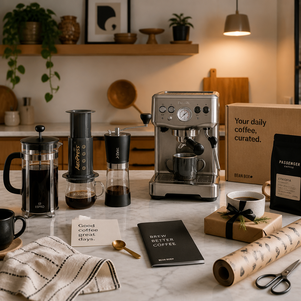 Modern kitchen countertop displaying various coffee brewing equipment and gift items in Scandinavian style