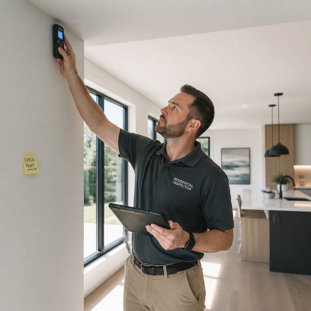 Professional home inspector documenting details during a new home inspection