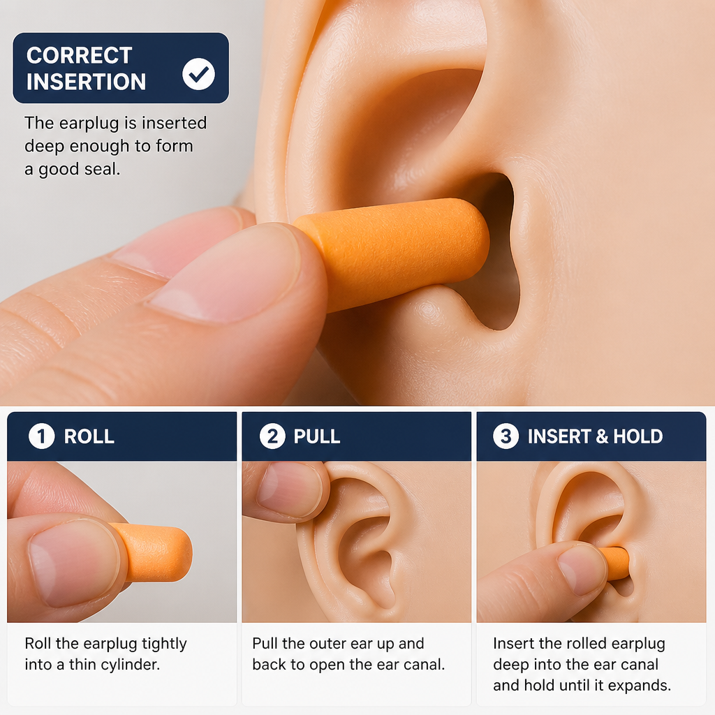 Close-up of proper ear plug insertion technique with foam plugs positioned correctly