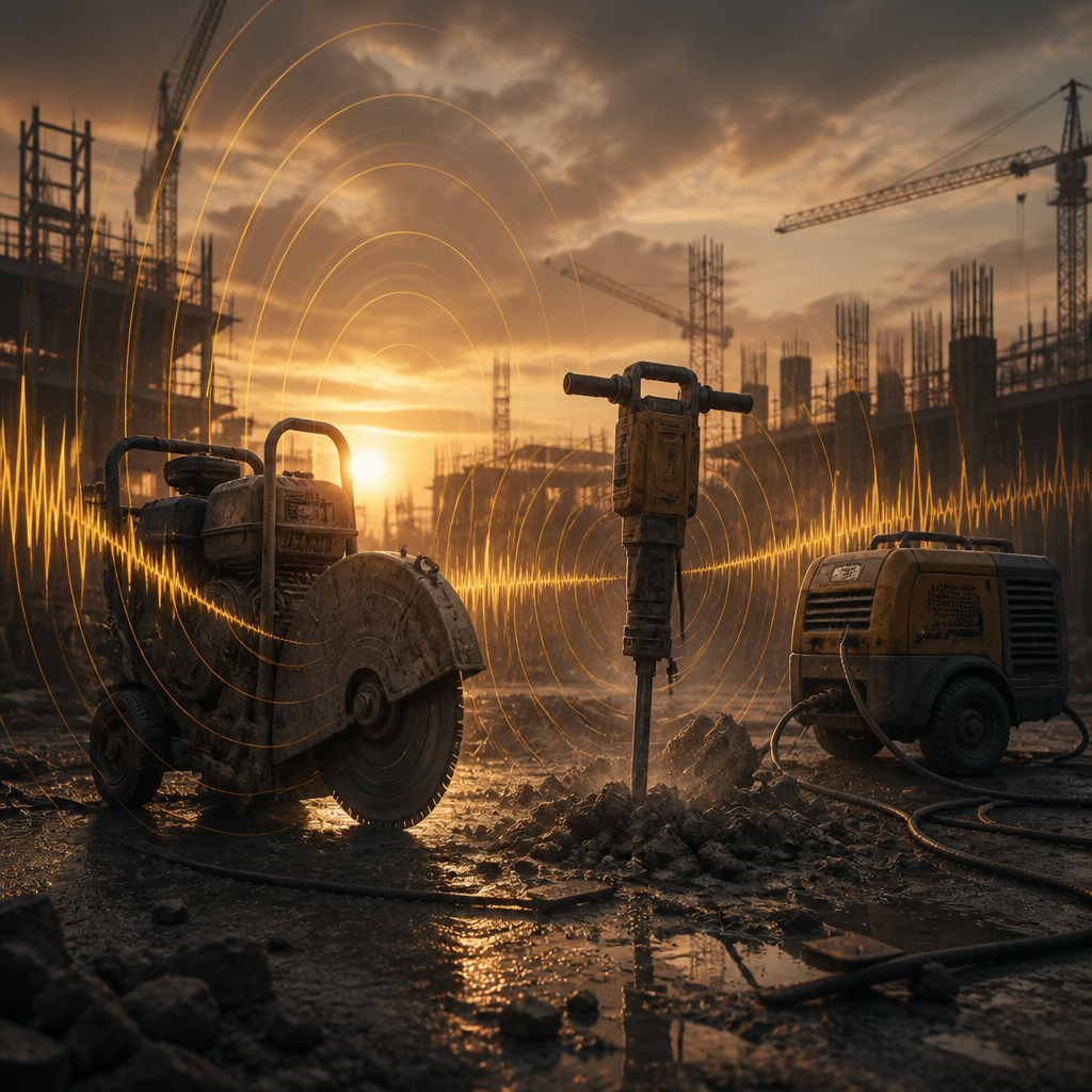 Silhouetted construction equipment with visualized sound waves showing noise generation on site