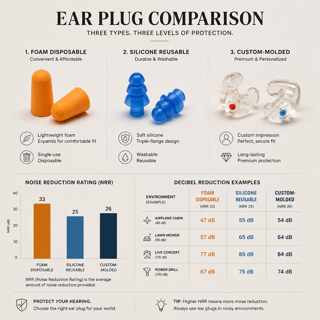 Flat lay comparison of three different ear plug types with noise reduction rating information