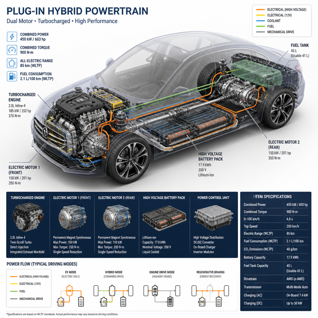 Technical cutaway illustration of PHEV powertrain components and battery system