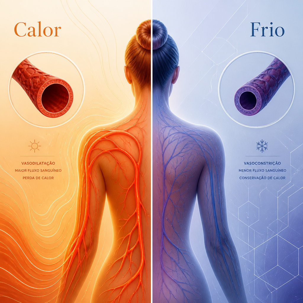 Ilustração conceptual mostrando a dilatação vascular do calor versus a constrição do frio em tons de laranja e azul