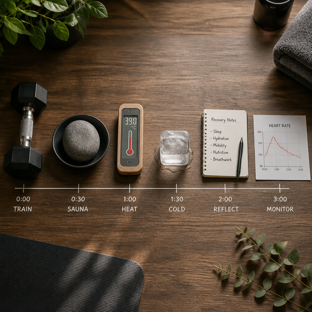 Composição flat lay mostrando objetos representativos de recuperação e timing de terapias (halterofilia, pedra de sauna, gelo e monitorização)
