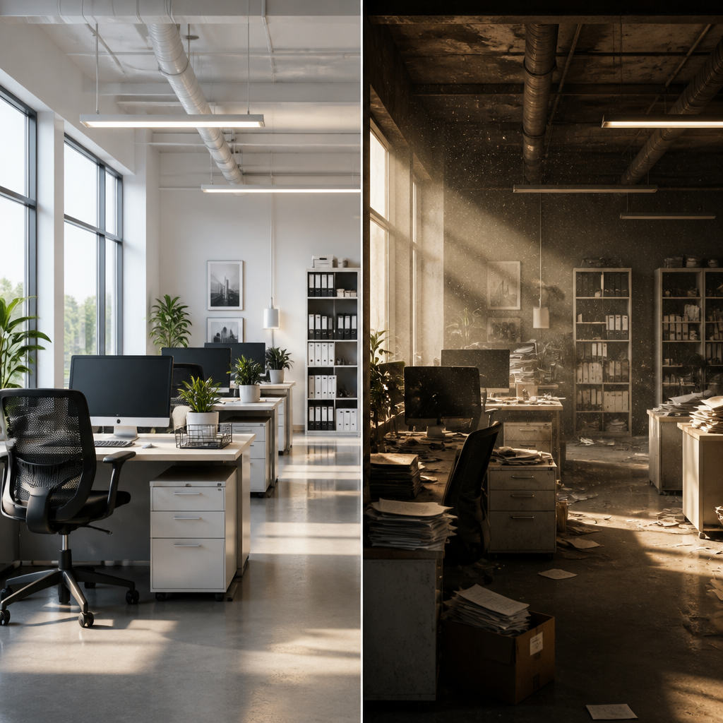 The True Cost of Neglecting Commercial Cleaning in Melbourne Comparison of clean versus neglected commercial office workspace - Commercial Cleaning cost Melbourne