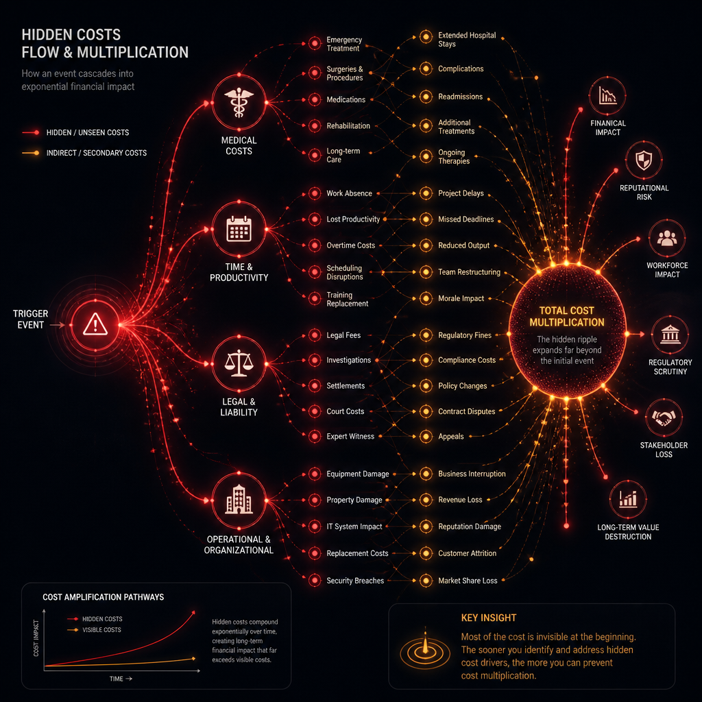 The True Cost of Neglecting Commercial Cleaning in Melbourne Abstract visualization of interconnected hidden business costs and risk pathways - Commercial Cleaning cost Melbourne
