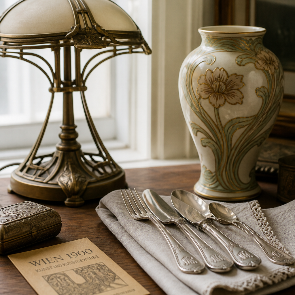 Jugendstil Antiquitäten Wien: Wert und Ankauf 2 Authentic Jugendstil antiques from Vienna displayed with ornate brass lamp, silver cutlery, and floral ceramic vase Jugendstil Antiquitäten Wien: Wert und Ankauf