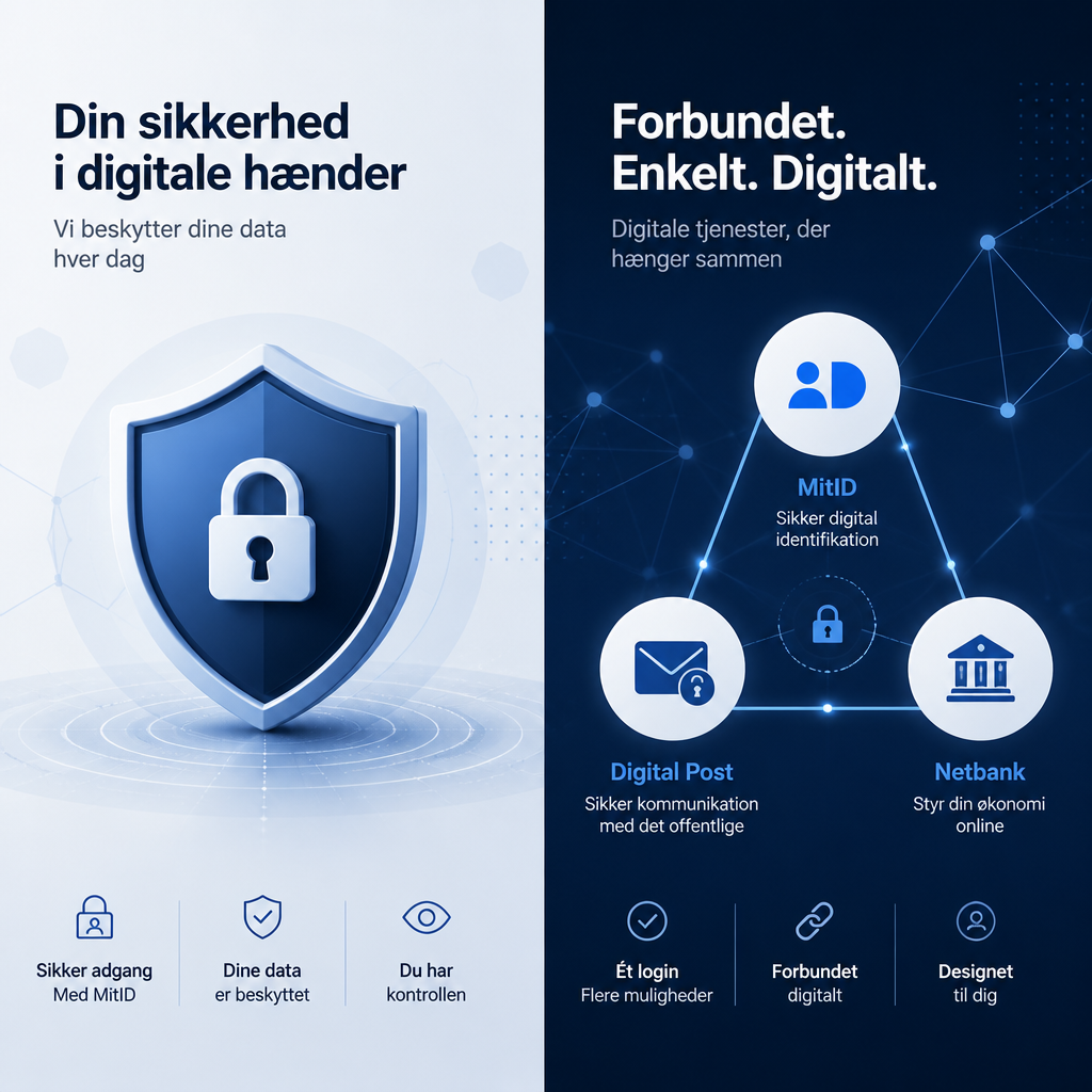 Abstrakt illustration af digitale sikkerhedssymboler og onlinetjenester som MitID og e-Boks