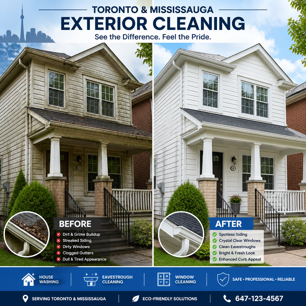 Before-and-after comparison of exterior home cleaning showing the dramatic transformation