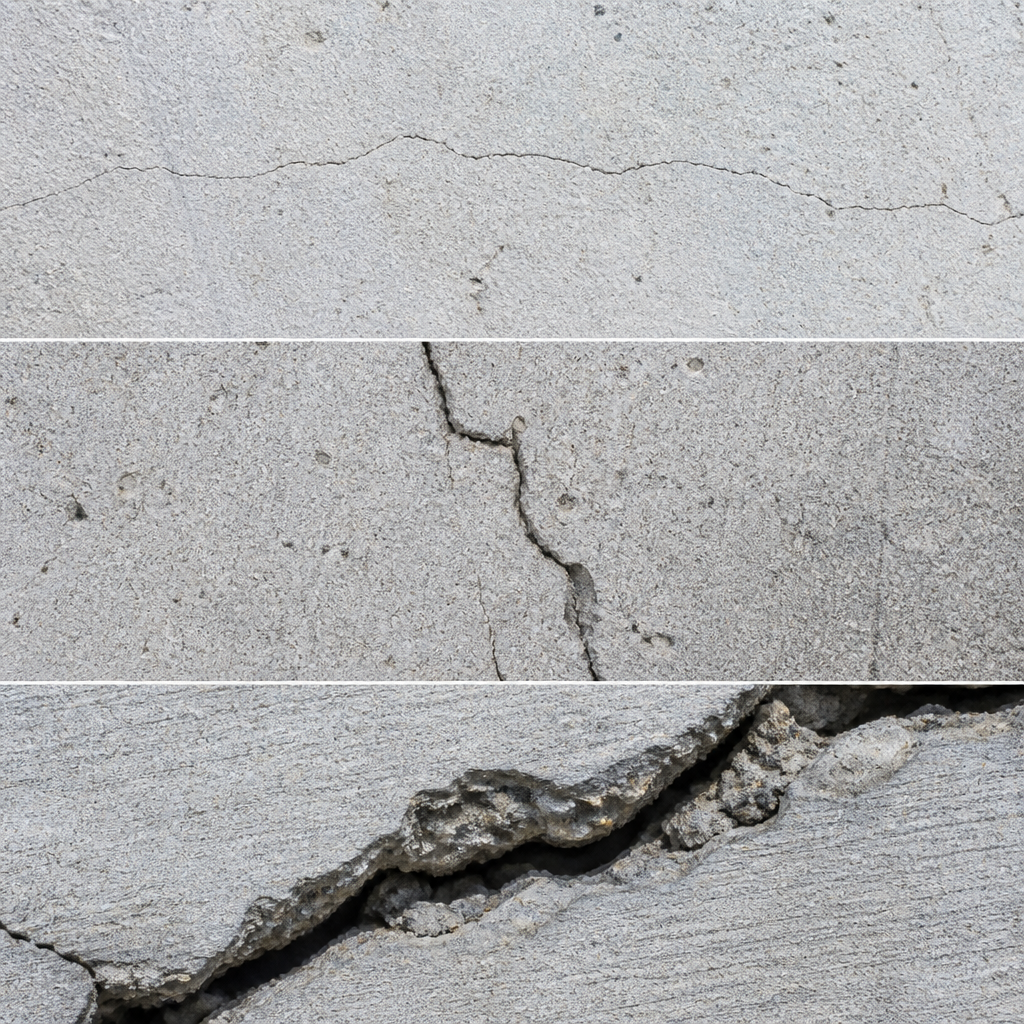 Macro détail de fissures dans le béton montrant différents types et profondeurs de lézardes structurelles