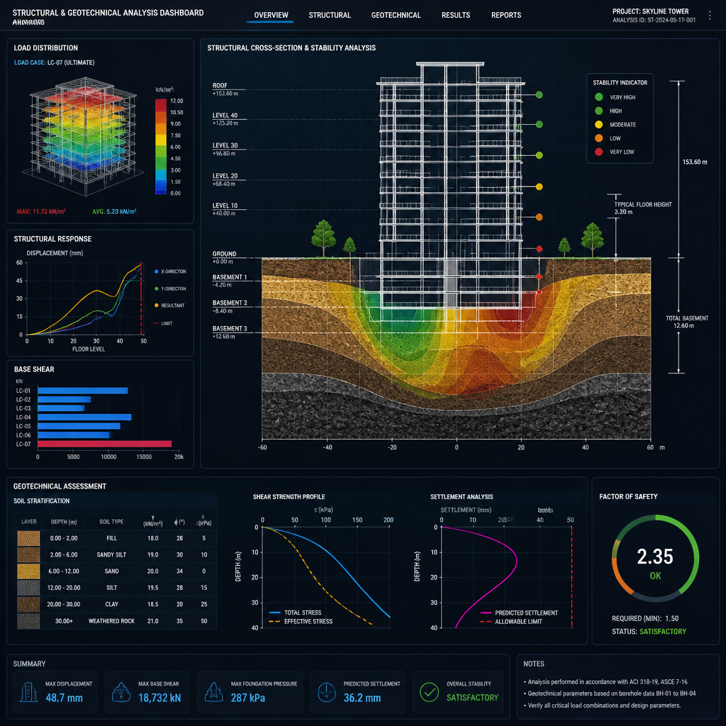 Visualisation de données et analyse structurelle montrant l'évaluation technique de la stabilité du bâtiment