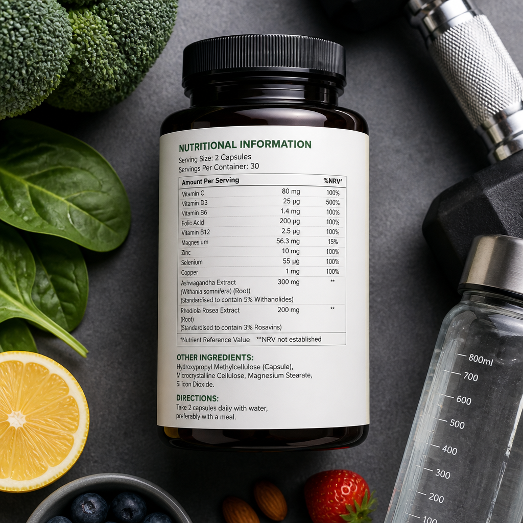 Supplement label showing NRV percentages displayed with fresh produce and fitness equipment on a clean surface