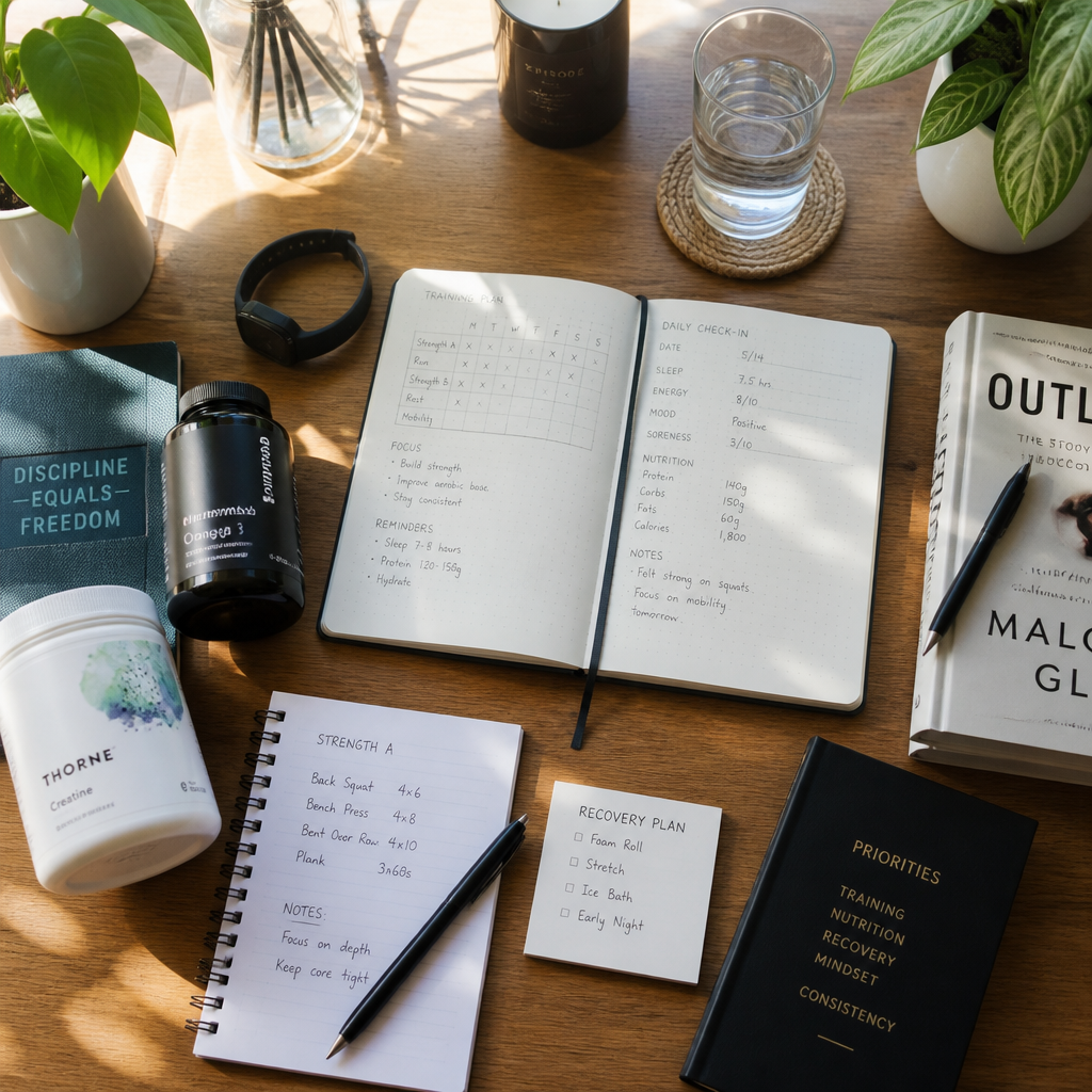 Wellness tracking workspace with supplement bottles, fitness journal, and recovery planning materials arranged on a desk