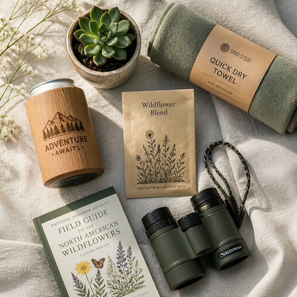 Curated collection of eco-friendly summer gifts arranged flat on neutral linen fabric