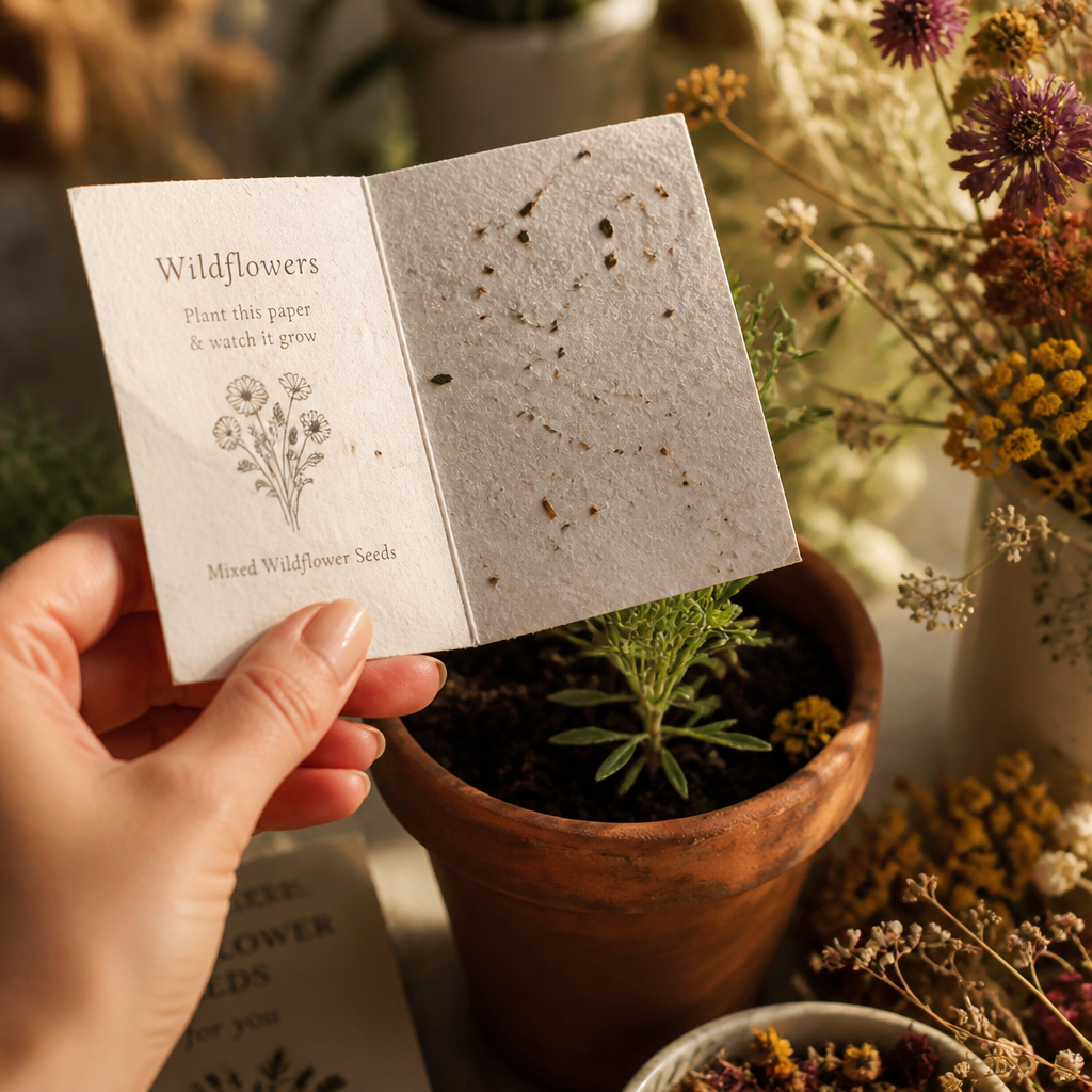 Hands holding plantable wildflower seed paper with dried flowers scattered nearby