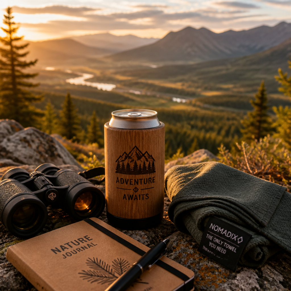 Adventure hiking gifts displayed on a mountain trail overlooking a scenic valley landscape