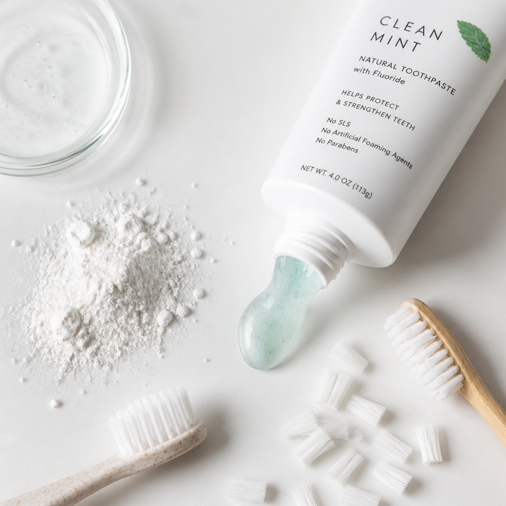 Close-up of SLS-free toothpaste tube and dental care ingredients displayed on white background