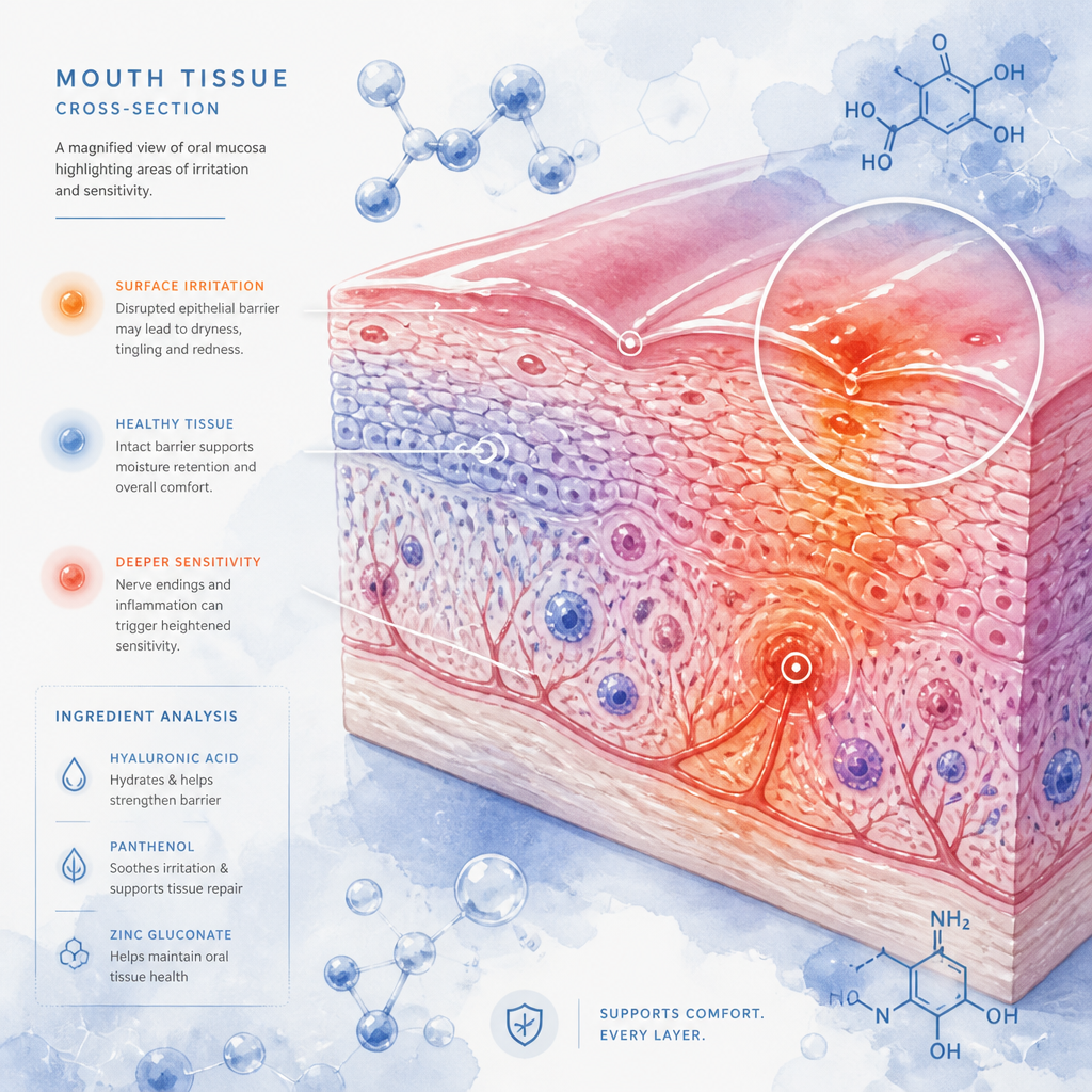 Abstract illustration of mouth tissue sensitivity and oral irritation zones