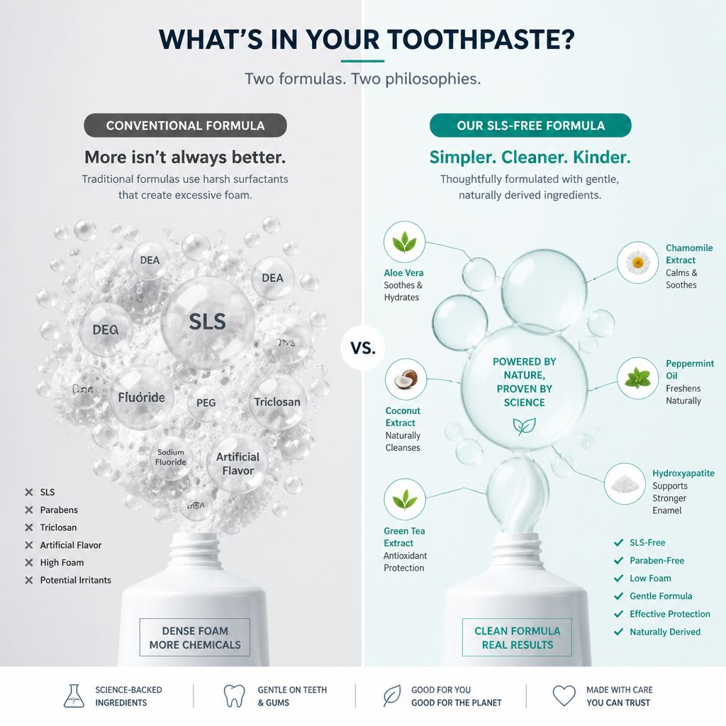Visual comparison of conventional versus SLS-free toothpaste formulas