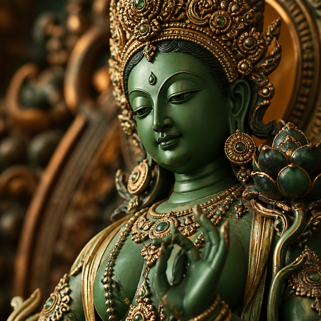 Detailed close-up of a green Tara statue showing intricate facial features and hand gestures