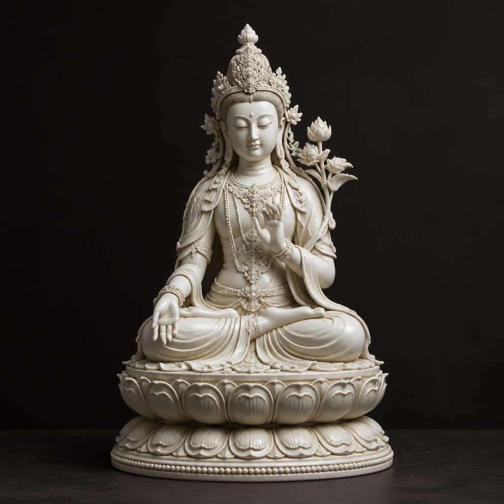 Full-length white Tara statue with characteristic symbolism and serene expression