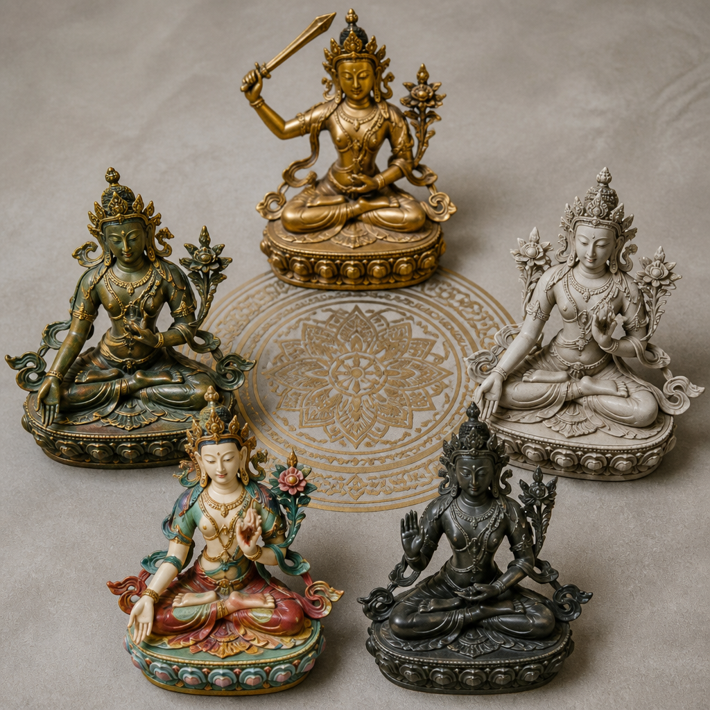 Collection of diverse Tara statues arranged to show different forms and materials