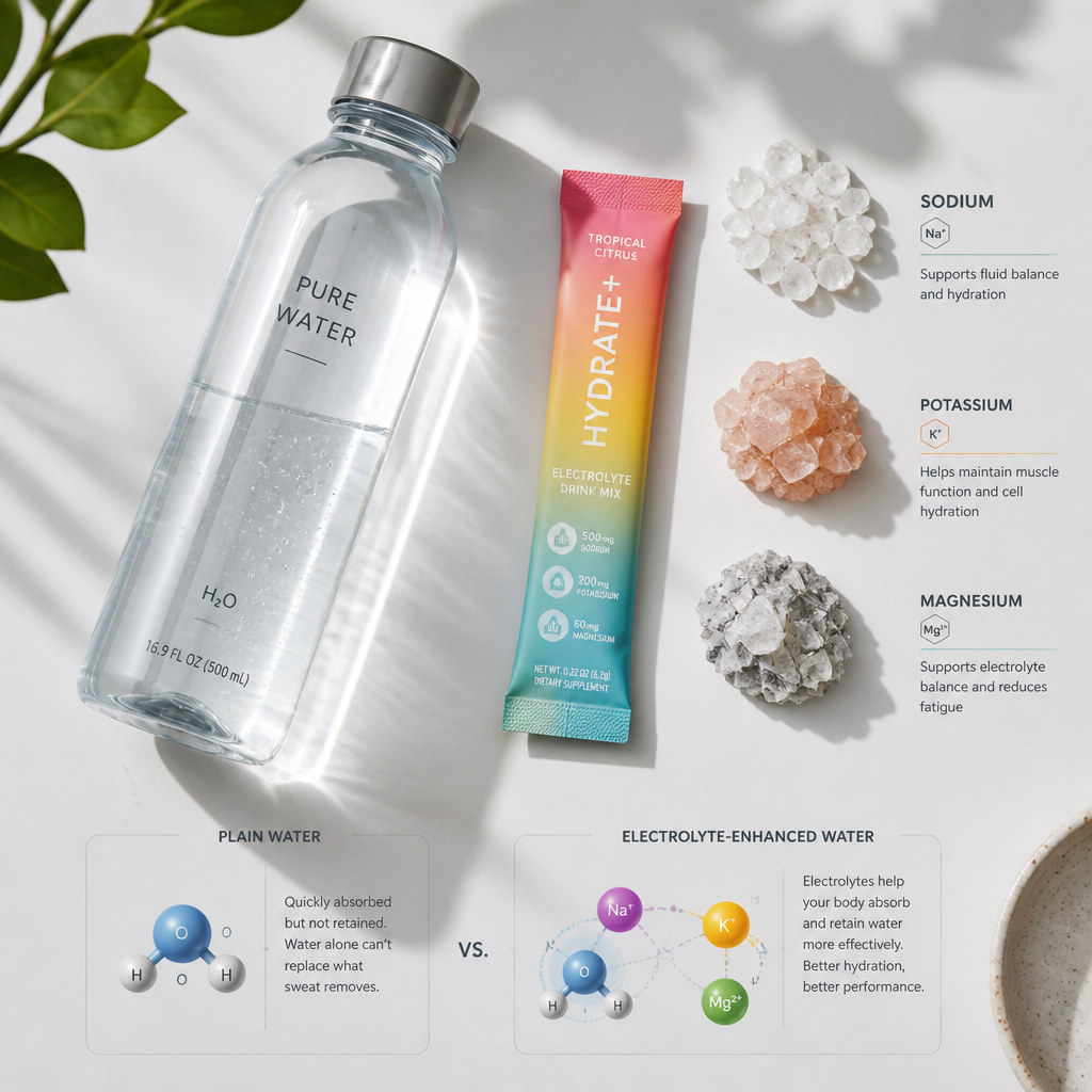 Electrolyte minerals and water bottle arrangement showing hydration science