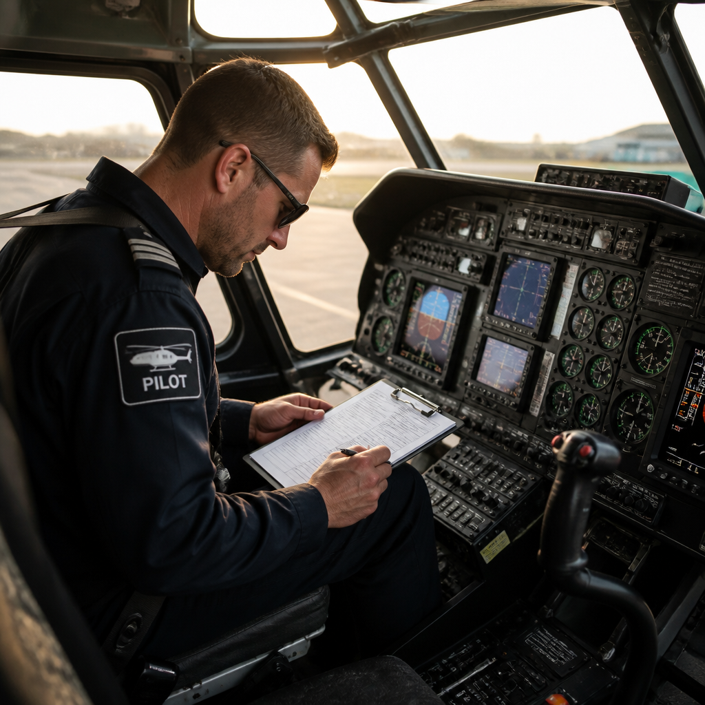 Pilot performing pre-flight safety checks in helicopter cockpit