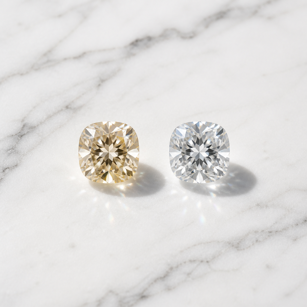 Two diamonds positioned side by side on marble for comparison
