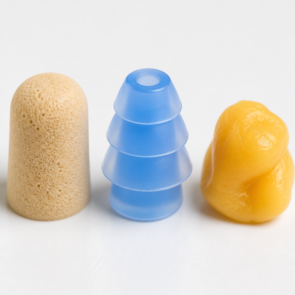 Three ear plug tip materials-memory foam, silicone, and wax-displayed in close-up for material comparison