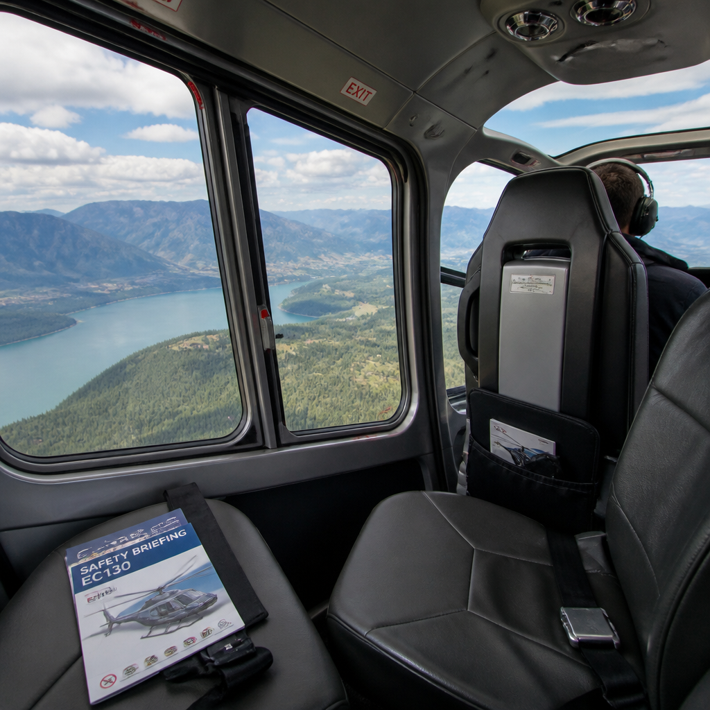 Helicopter passenger cabin with panoramic window views during flight