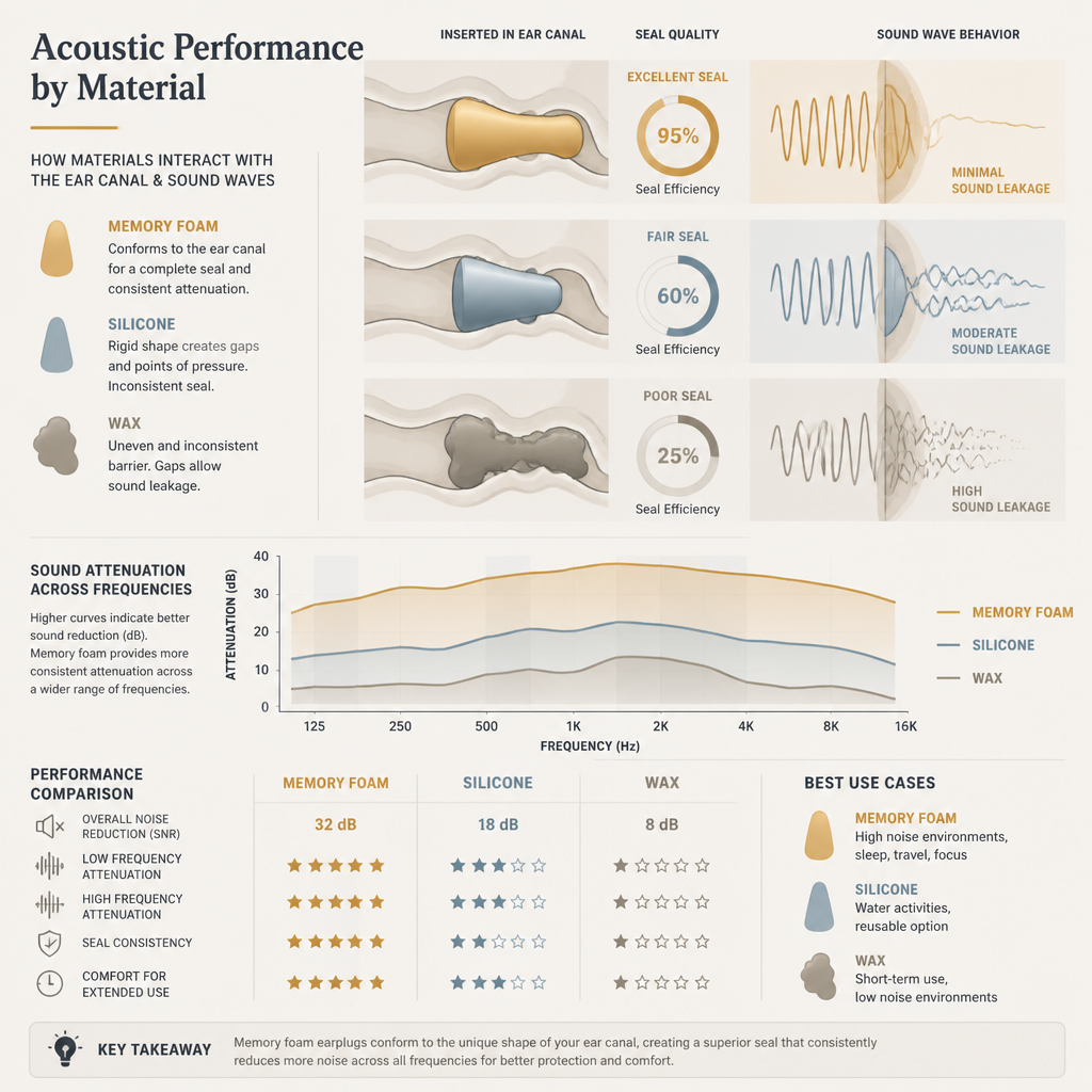 Abstract visualization comparing acoustic sealing effectiveness of different ear plug materials through wave patterns