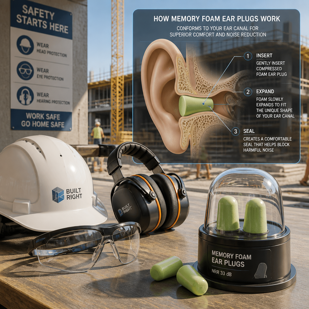 Construction site hearing protection setup with technical diagram illustrating memory foam ear plug fit in the ear canal