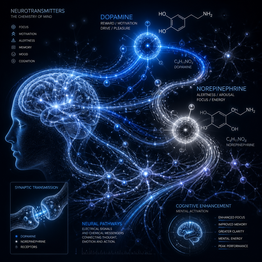Visualização abstrata de caminhos neurais e neurotransmissores em padrões de luz azul